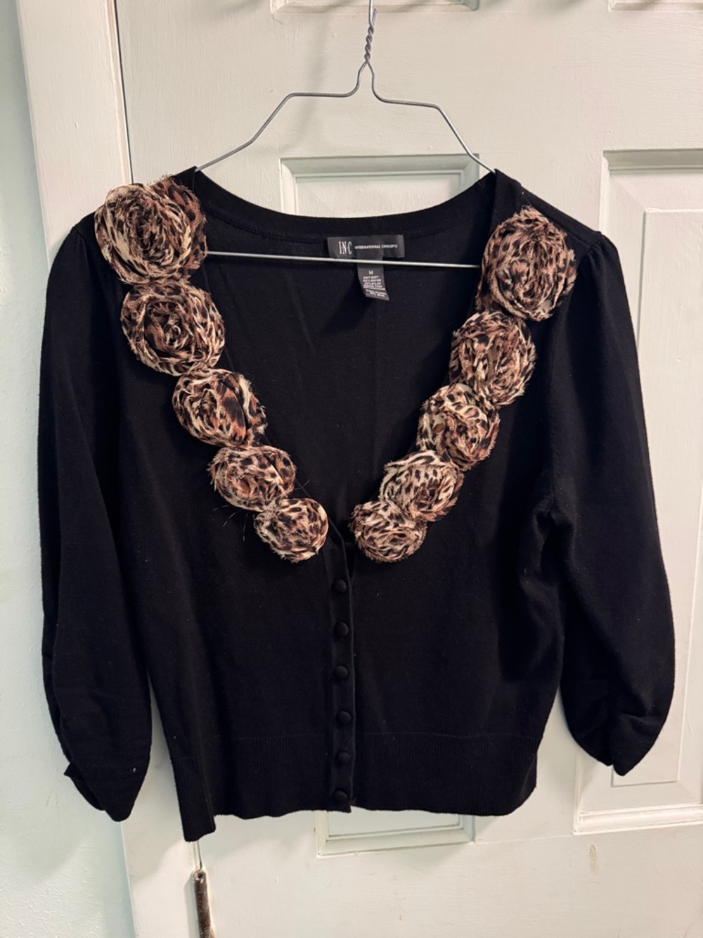 INC International Concepts Black V-Neck Cardigan with Leopard Rosette Trim